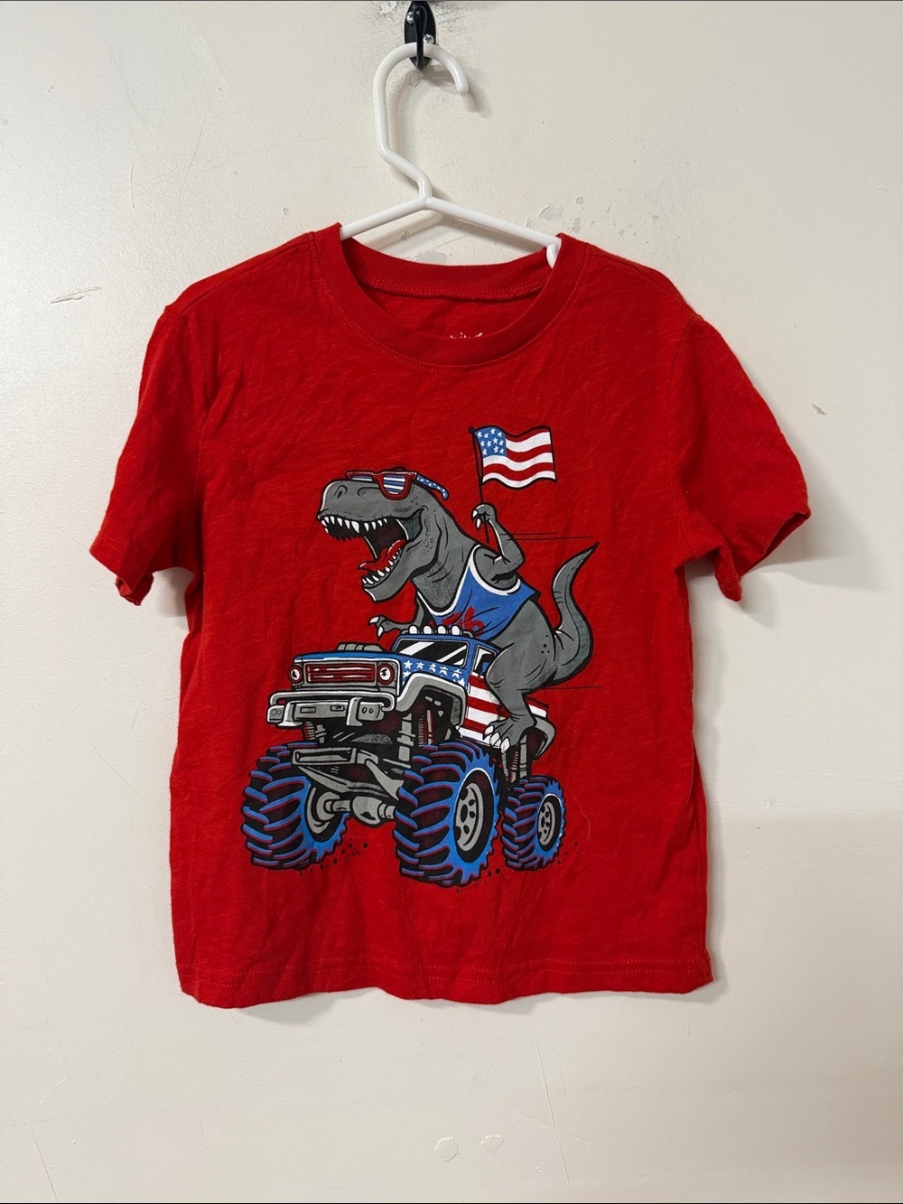 jumping beans Red Dino Monster Truck Tee with American Flag
